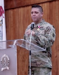 Lt. Col. Wyatt Bickett, of Smithton, officer-in-charge of the 129th Regiment (Regional Training Institute), thanks family, friends, and fellow Soldiers for their support throughout his 23 years of military service. Bickett retired from the Illinois Army National Guard in a ceremony March 27 at the Illinois Military Academy on Camp Lincoln in Springfield.