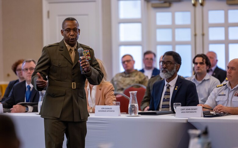 U.S. Marine Corps Col. Michael L. Brooks, commanding officer, Marine Corps Base Quantico, and native of Virginia, gives a speech during the Virginia Military Advisory Council at the Clubs at Quantico, Virginia, March 14, 2024. The VMAC holds quarterly meetings to explore issues impacting the quality of life for service members, their families, relations between the installations and surrounding civilian communities, and the effects on Virginia's growing infrastructure. (U.S. Marine Corps Photo by Sgt. Mitchell Johnson)