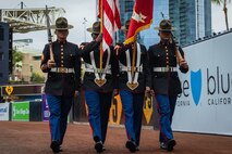 The Marine Corps Recruit Depot San Diego Color Guard, participate in a celebration of life ceremony at Petco Park Stadium in San Diego, California, March 23, 2024. The celebration of life ceremony was hosted by the San Diego Padres to honor the life and legacy of the late Padres owner and chairman Peter Seidler. (U.S. Marine Corps photo by Lance Cpl. Jacob B. Hutchinson)