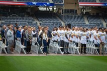 The San Diego community, observe the celebration of life ceremony at Petco Park Stadium in San Diego, California, March 23, 2024. The celebration of life ceremony was hosted by the San Diego Padres to honor the life and legacy of the late Padres owner and chairman Peter Seidler. (U.S. Marine Corps photo by Lance Cpl. Jacob B. Hutchinson)