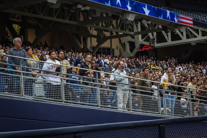 The San Diego community, observe the celebration of life ceremony at Petco Park Stadium in San Diego, California, March 23, 2024. The celebration of life ceremony was hosted by the San Diego Padres to honor the life and legacy of the late Padres owner and chairman Peter Seidler. (U.S. Marine Corps photo by Lance Cpl. Jacob B. Hutchinson)