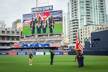 The Marine Corps Recruit Depot San Diego Color Guard, participate in a celebration of life ceremony at Petco Park Stadium in San Diego, California, March 23, 2024. The celebration of life ceremony was hosted by the San Diego Padres to honor the life and legacy of the late Padres owner and chairman Peter Seidler. (U.S. Marine Corps photo by Lance Cpl. Jacob B. Hutchinson)