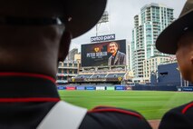 The Marine Corps Recruit Depot San Diego Color Guard participates in a celebration of life ceremony at Petco Park Stadium in San Diego, California, March 23, 2024. The celebration of life ceremony was hosted by the San Diego Padres to honor the life and legacy of the late Padres owner and chairman Peter Seidler. (U.S. Marine Corps photo by Lance Cpl. Jacob B. Hutchinson)