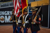 The Marine Corps Recruit Depot San Diego Color Guard participates in a celebration of life ceremony at Petco Park Stadium in San Diego, California, March 23, 2024. The celebration of life ceremony was hosted by the San Diego Padres to honor the life and legacy of the late Padres owner and chairman Peter Seidler. (U.S. Marine Corps photo by Lance Cpl. Jacob B. Hutchinson)