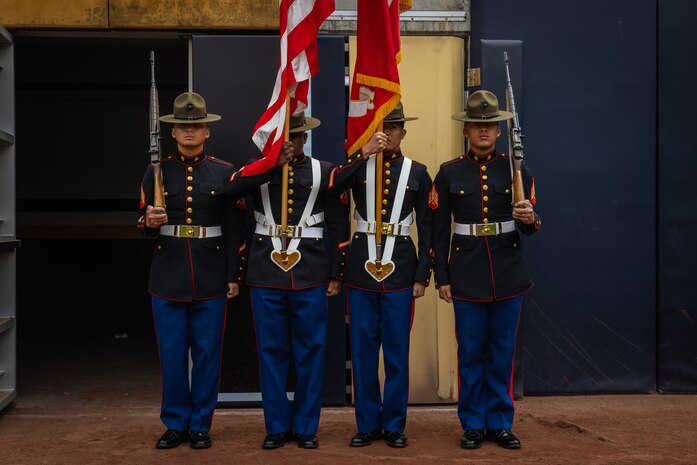 The Marine Corps Recruit Depot San Diego Color Guard participates in a celebration of life ceremony at Petco Park Stadium in San Diego, California, March 23, 2024. The celebration of life ceremony was hosted by the San Diego Padres to honor the life and legacy of the late Padres owner and chairman Peter Seidler. (U.S. Marine Corps photo by Lance Cpl. Jacob B. Hutchinson)