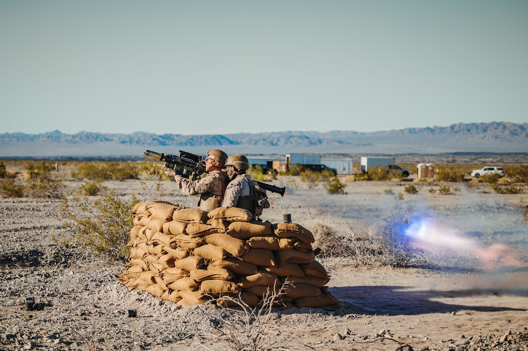 Pfc. Colin McCartney, a student with Low Altitude Air Defense Training Section, Air Control Training Squadron, Training  Command, fires a FIM-92 Stinger during a stinger live-fire exercise as part of Service Level Training Exercise 2-24, March 5, 2024.