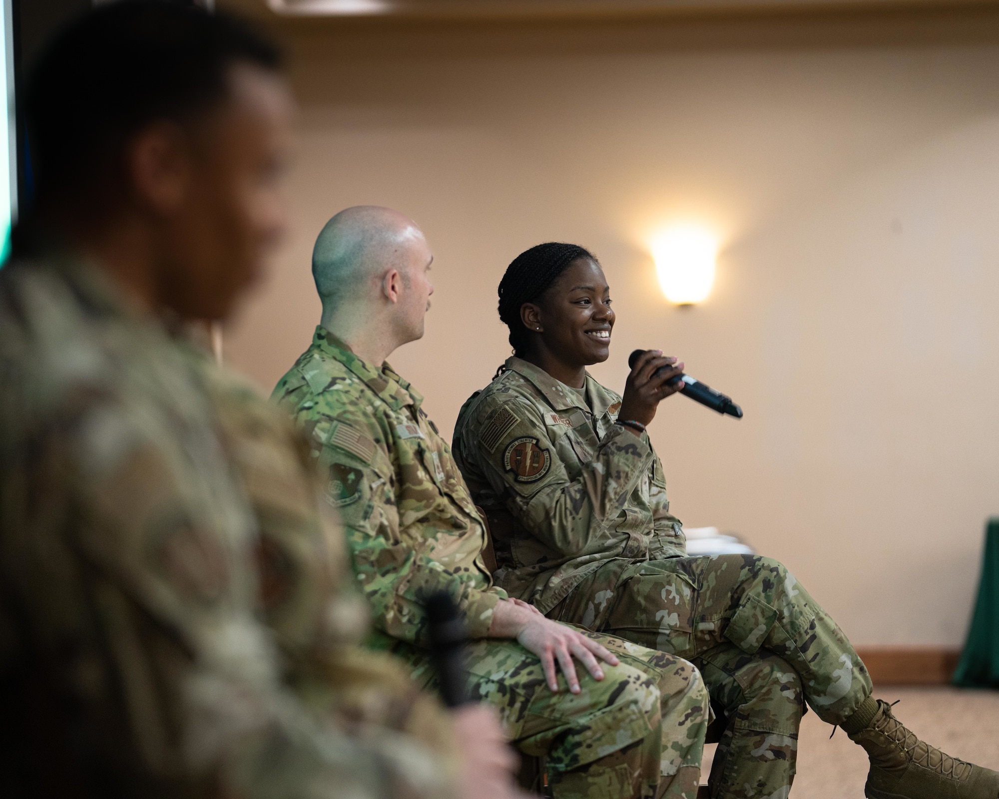 U.S. Air Force Master Sgt. Jeanlity Wheeler, 27th Special Operations Munitions Squadron first sergeant, speaks about her Air Force experience with other panel members at the 2nd Annual Women’s Leadership Symposium, Cannon Air Force Base, N.M., March 15, 2024. The Women’s Leadership Symposium’s mission is to send a message of professional development, inclusivity and commitment aiming to inspire and empower everyone at Cannon AFB. (U.S. Air Force Photo by Senior Airman Mateo Parra)