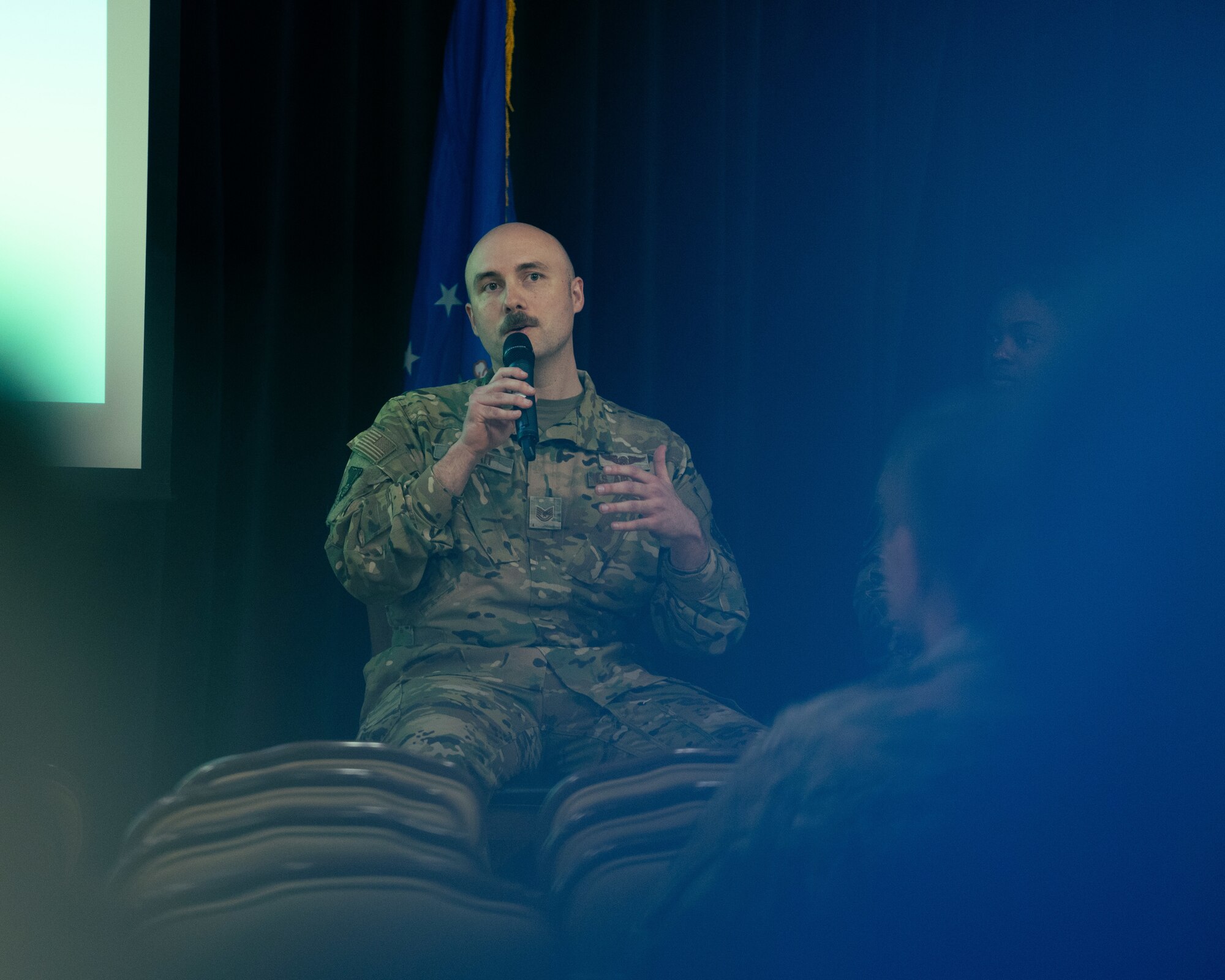U.S. Air Force Tech. Sgt. Marcus Strait, 27th Special Operations Group enlisted executive, discusses ways Airmen can become mentors at the 2nd Annual Women’s Leadership Symposium, Cannon Air Force Base, N.M., on March 15, 2024. The Women’s Leadership Symposium’s mission is to send a message of professional development, inclusivity and commitment aiming to inspire and empower everyone at Cannon AFB. (U.S. Air Force Photo by Senior Airman Mateo Parra)