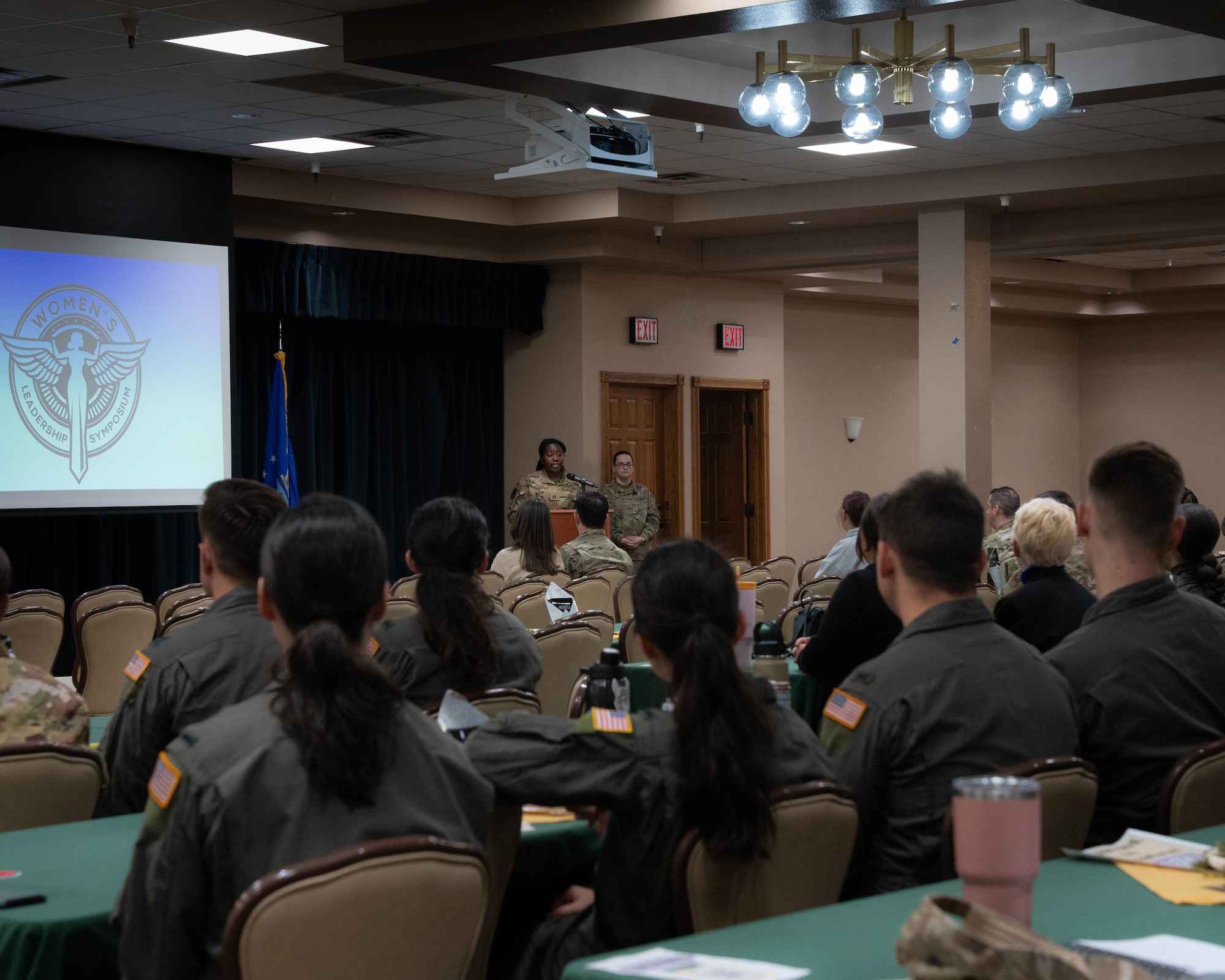 U.S. Air Force Capt. Darian Reeder, 3rd Special Operations Squadron executive officer, speaks to attendees of the 2nd Annual Women’s Leadership Symposium at Cannon Air Force Base, N.M., on March 15, 2024. The Women’s Leadership Symposium’s mission is to send a message of professional development, inclusivity and commitment aiming to inspire and empower everyone at Cannon AFB. (U.S. Air Force Photo by Senior Airman Mateo Parra)