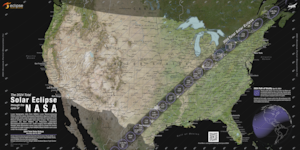 The path of totality and partial contours crossing the U.S. for the 2024 total solar eclipse occurring on April 8, 2024