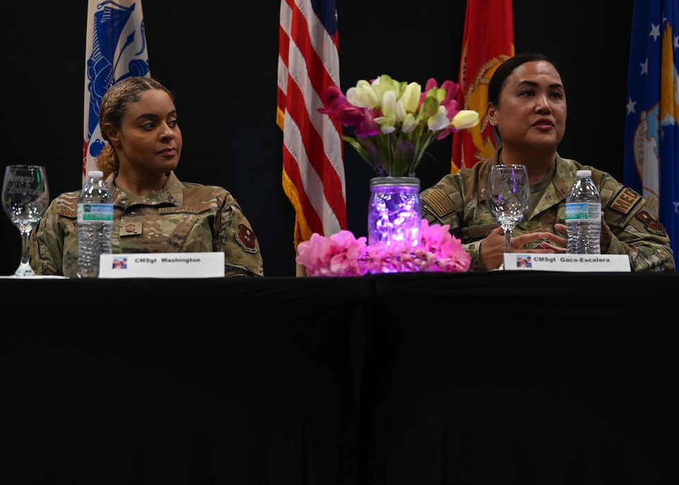 U.S. Air Force Chief Master Sgt. Khamillia A. Washington, 17th Training Wing command chief, left, and Chief Master Sgt. Catherine Gaco-Escalera, 17th Medical Group senior enlisted leader, sit on a panel and respond to questions from the audience during the 17th Training Wing Women’s History Month Panel at the Powell Event Center, Goodfellow Air Force Base, Texas, March 26, 2024. Each panel member spoke on the different trajectories of their careers and how they developed their leadership mindsets. (U.S. Air Force photo by Airman 1st Class Evelyn J. D’Errico)