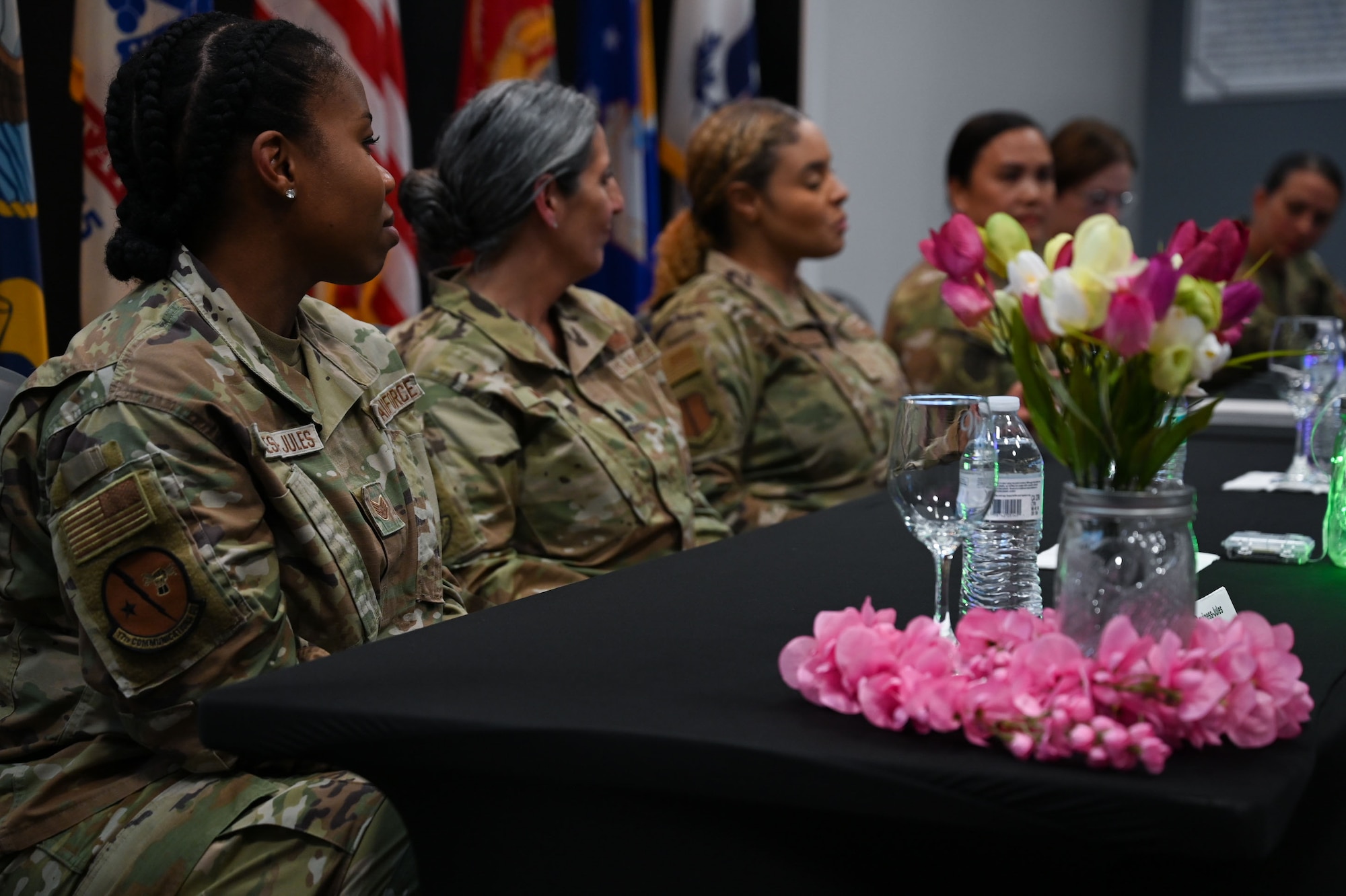 From left to right U.S. Air Force Staff Sgt. Crystyle Caviness-Jules, 17th Communications Squadron project manager, Lt. Col. Brenda K. Miazga, 17th Operation Medical Readiness Squadron commander, Chief Master Sgt. Khamillia A. Washington, 17th Training Wing command chief, Chief Master Sgt. Catherine Gaco-Escalera, 17th Medical Group senior enlisted leader, Lt. Col. Renee Fontenot, 17th Training Support Squadron commander, and Senior Master Sgt. Crystal Doepker, 17th Comptroller Squadron senior enlisted leader, sit on a panel and respond to questions from the audience during the 17th Training Wing Women’s History Month Panel at the Powell Event Center, Goodfellow Air Force Base, Texas, March 26, 2024. Each panel member spoke on the different trajectories of their careers and how they developed their leadership mindsets. (U.S. Air Force photo by Airman 1st Class Evelyn J. D’Errico)