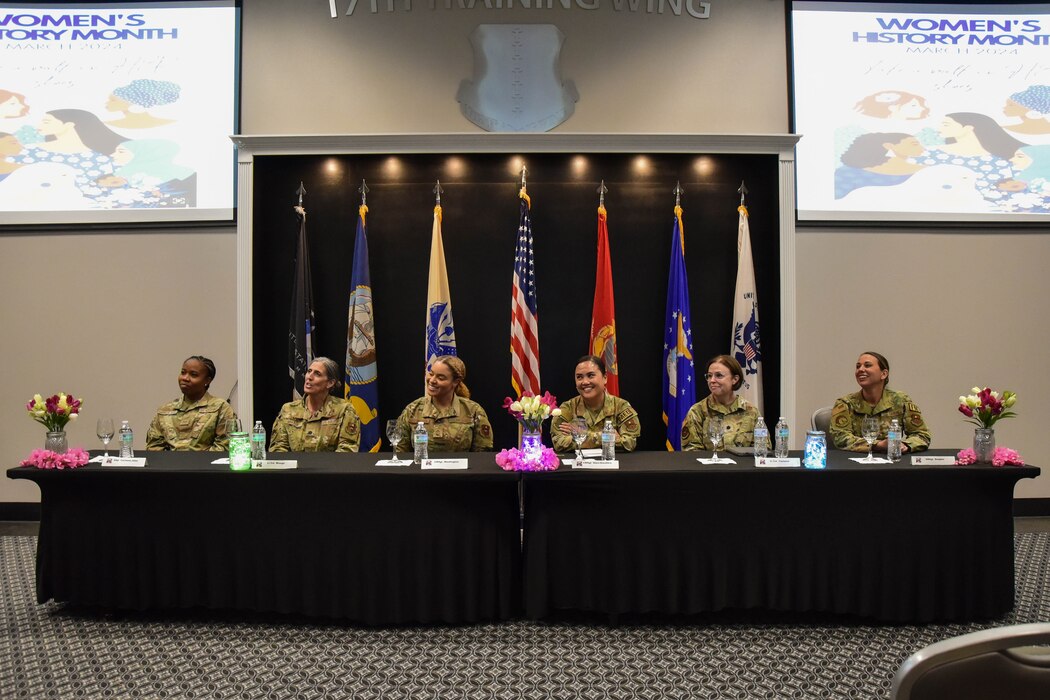 Female leaders from across the 17th Training Wing sit on a panel and respond to questions from the audience during the 17th Training Wing Women’s History Month Panel at the Powell Event Center, Goodfellow Air Force Base, Texas, March 26, 2024. Each panel member spoke on the different trajectories of their careers and how they developed their leadership mindsets. (U.S. Marine Corps photo by Cpl. Jessica Roeder)