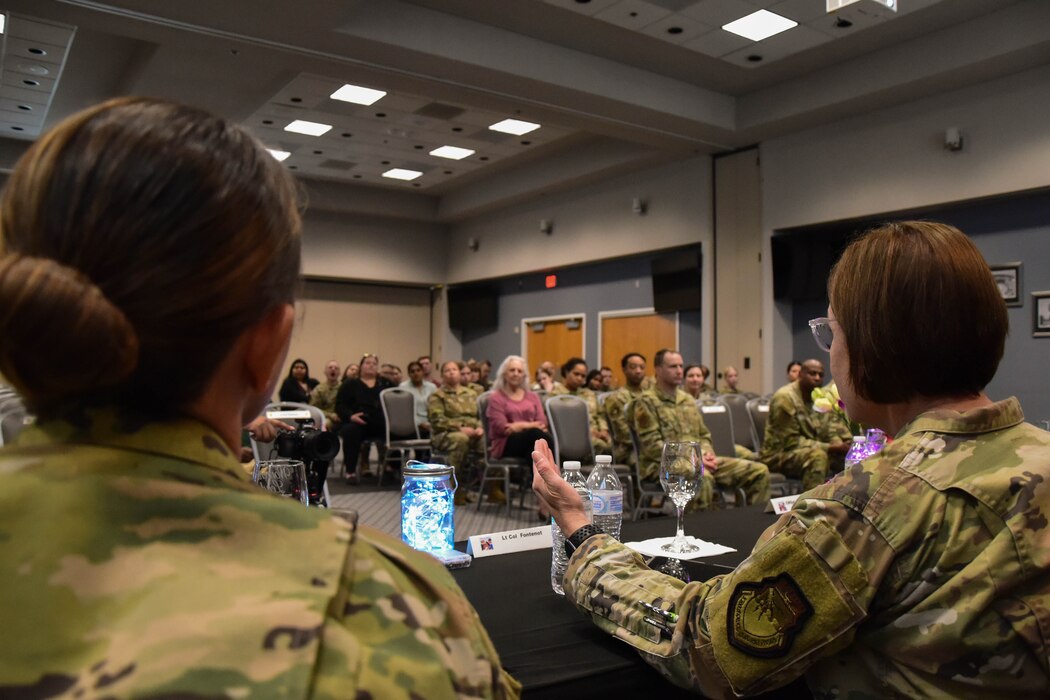 U.S. Air Force Lt. Col. Renee Fontenot, 17th Training Support Squadron commander, right, and Senior Master Sgt. Crystal Doepker, 17th Comptroller Squadron senior enlisted leader, left, answer questions from the audience at the 17th Training Wing Women’s History Month Panel at the Powell Event Center, Goodfellow Air Force Base, Texas, March 26, 2024. Panel members answered preselected and audience questions. (U.S. Marine Corps photo by Cpl. Jessica Roeder)