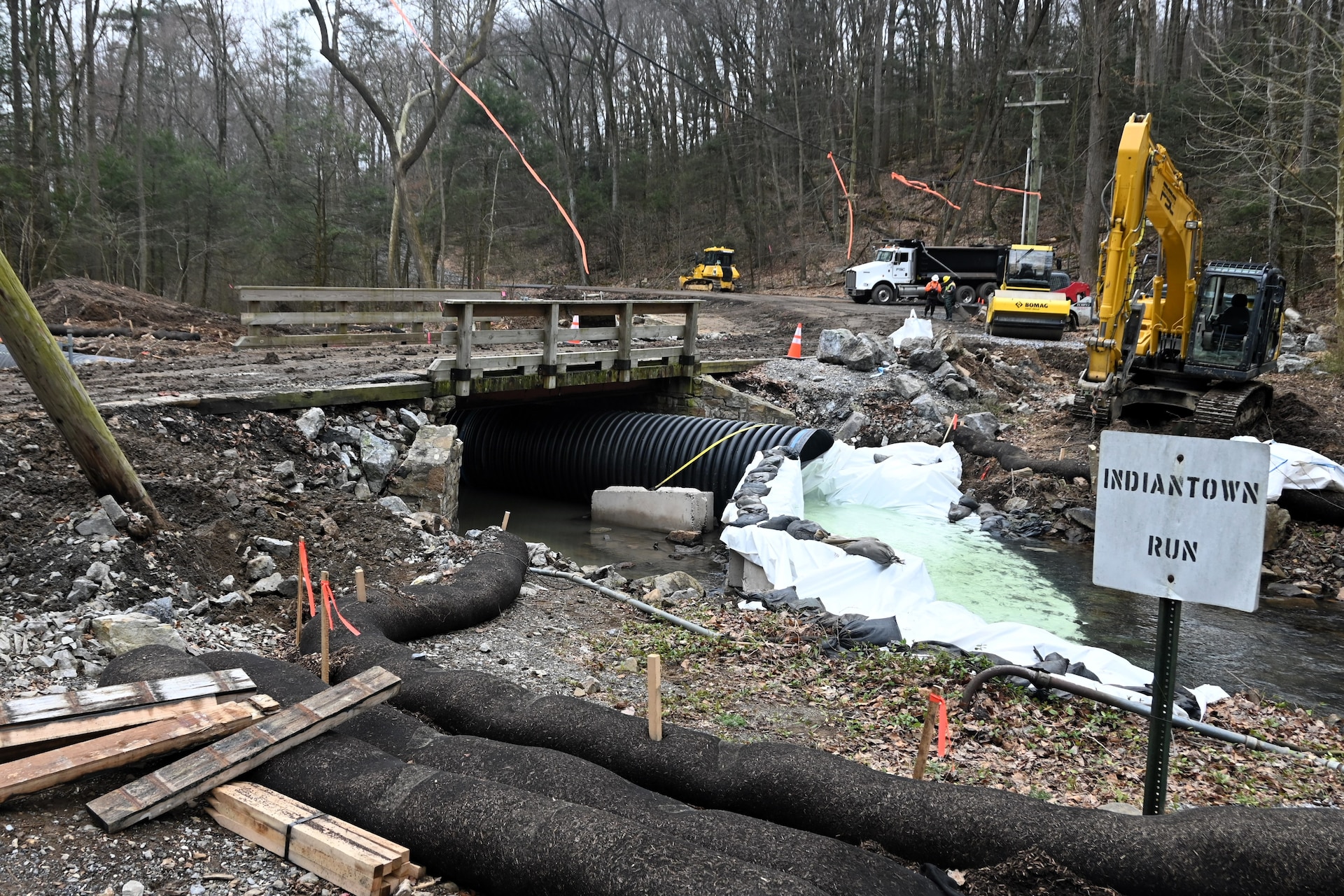 Work recently began to replace the bridge over Indiantown Run that connects Lake Road at Marquette Lake with Asher Miner Road (Route 443) at Fort Indiantown Gap. When completed, the new two-lane bridge will serve as both the entrance and exit for the lake and the Keystone Conference Center, and the road over the Marquette Lake dam that is currently used as the entrance to the lake and the KCC will be closed to vehicular traffic. (Pennsylvania National Guard photo by Brad Rhen)