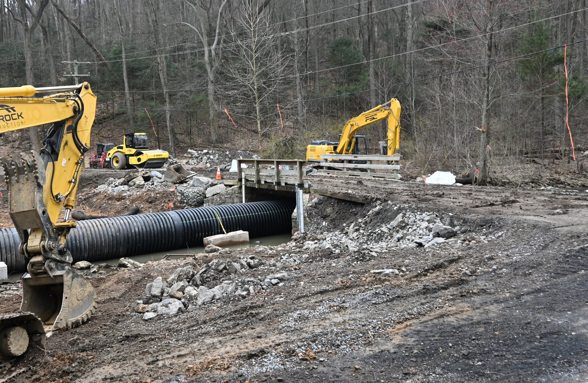 Work recently began to replace the bridge over Indiantown Run that connects Lake Road at Marquette Lake with Asher Miner Road (Route 443) at Fort Indiantown Gap. When completed, the new two-lane bridge will serve as both the entrance and exit for the lake and the Keystone Conference Center, and the road over the Marquette Lake dam that is currently used as the entrance to the lake and the KCC will be closed to vehicular traffic. (Pennsylvania National Guard photo by Brad Rhen)