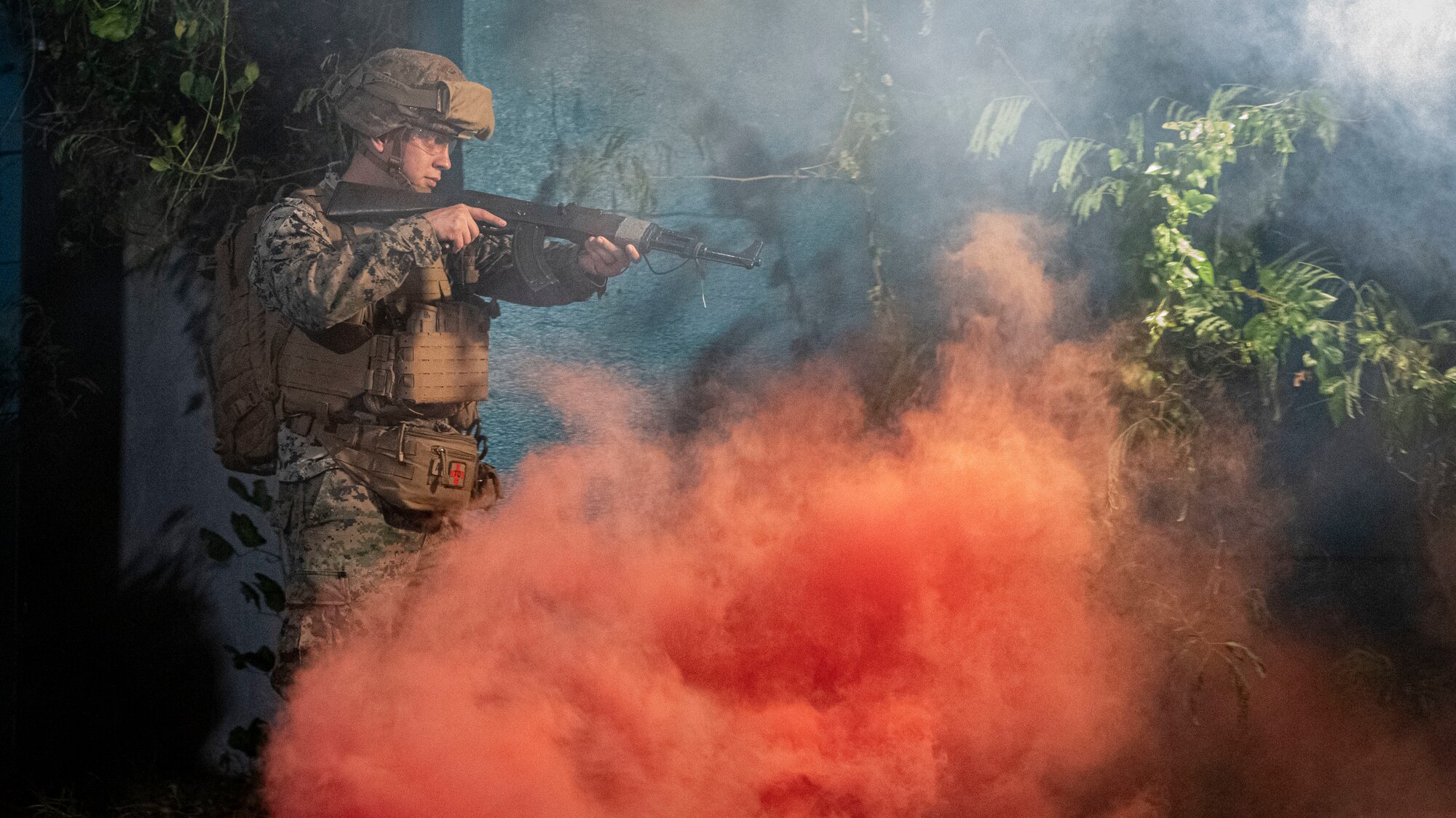 U.S. Marines assigned to the 4th Marine Logistics Group, Marine Corps Reserve, sweep an area during a joint training non-commissioned officer leadership field exercise at Roosevelt Roads, Ceiba, Puerto Rico, March 15, 2024. The exercise included service members with the Puerto Rico Air National Guard, Marine Corps Reserve, Army Reserve, Navy Reserve, and Coast Guard Reserve, which allowed participants to develop leadership skills, such as survivability, adaptability, and conflict response during a simulated humanitarian disaster response event. (U.S. Air National Guard photo by 2nd Lt. Eliezer Soto)