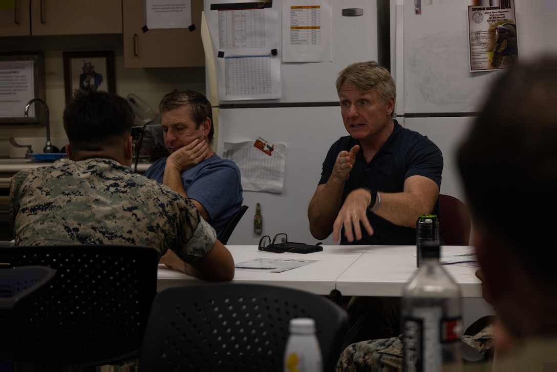 U.S. Marine explosive ordnance disposal technicians learn about sonar capabilities within the unmanned surface vessels at Marine Corps Base Hawaii, Mar. 13, 2024. EOD Marines with 3d Littoral Logistics Battalion, 3d Marine Littoral Regiment, 3d Marine Division and Marine Wing Support Squadron 174, Marine Aircraft Group 24, 1st Marine Aircraft Wing worked together with Hydronalix to study, work hands-on, and give feedback about prospects of models and capabilities the AMY and EMILY vessels could obtain. (U.S. Marine Corps photo by Sgt. Grace Gerlach)