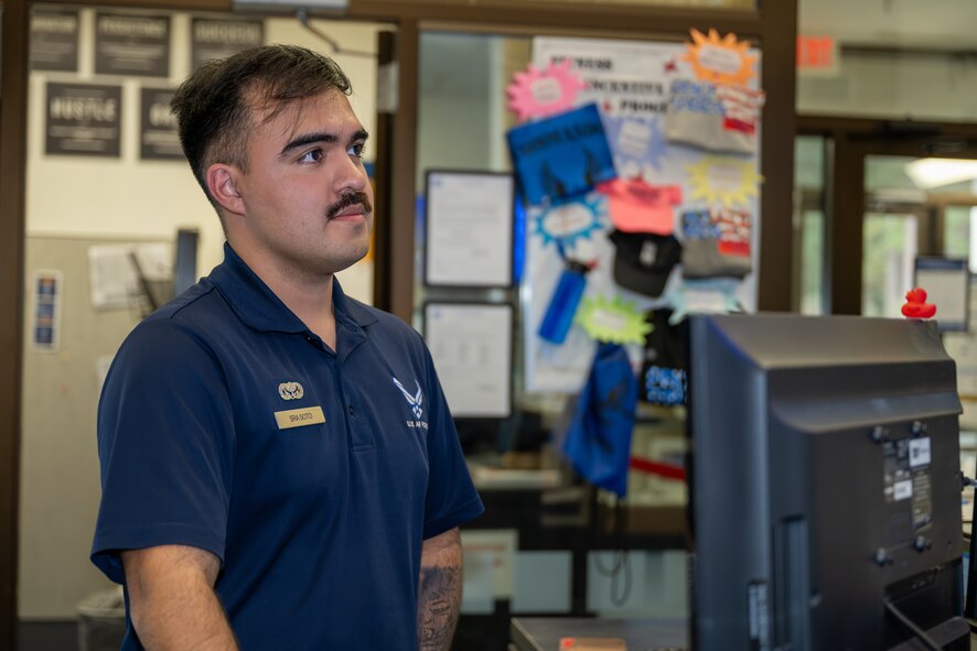 U.S. Air Force Senior Airman Andy Soto, a 1st Special Operations Force Support Squadron fitness specialist, performs job duties at Hurlburt Field, Florida, Jan. 23, 2024. Soto ensures the physical readiness of Airmen by performing a wide range of duties from managing personnel training contacts to ensuring the upkeep of fitness facilities and leading group physical training activities. (U.S. Air Force photo by Senior Airman Alysa Calvarese)