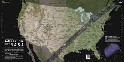 The path of totality and partial contours crossing the U.S. for the 2024 total solar eclipse occurring on April 8, 2024