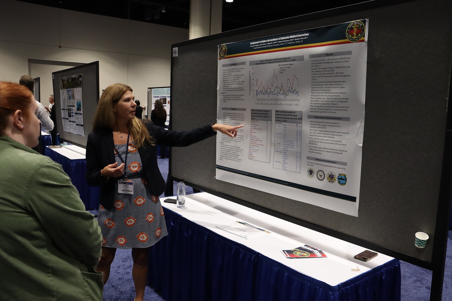 KISSIMMEE, Fla. (Aug. 15, 2023) Ms. Linda Hughes, program manager of the Naval Submarine Medical Research Laboratory (NSMRL)’s Undersea Health Epidemiology Research Program (UHERP), presents a UHERP poster during the Military Health System Research Symposium (MHSRS). NSMRL, part of Navy Medicine’s Research & Development enterprise, and based out of Groton, Connecticut, sustains the readiness and superiority of undersea warfighters through innovative health and performance research. (U.S. Navy Photo by Emily Swedlund/Released).