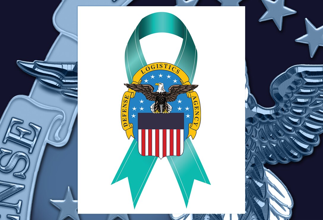 graphic with DLA logo and teal ribbon behind