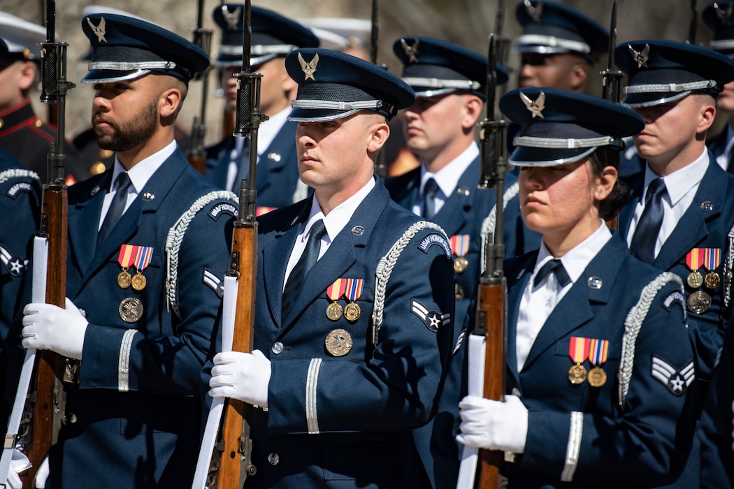 U.S. Air Force Honor Guard Airmen support an Army Full Honors Wreath-Laying Ceremony at the Tomb of the Unknown Soldier