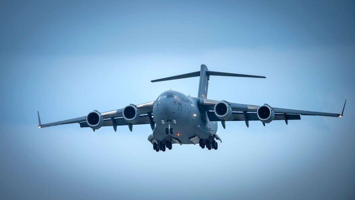 A C-17 Globemaster III prepares to land