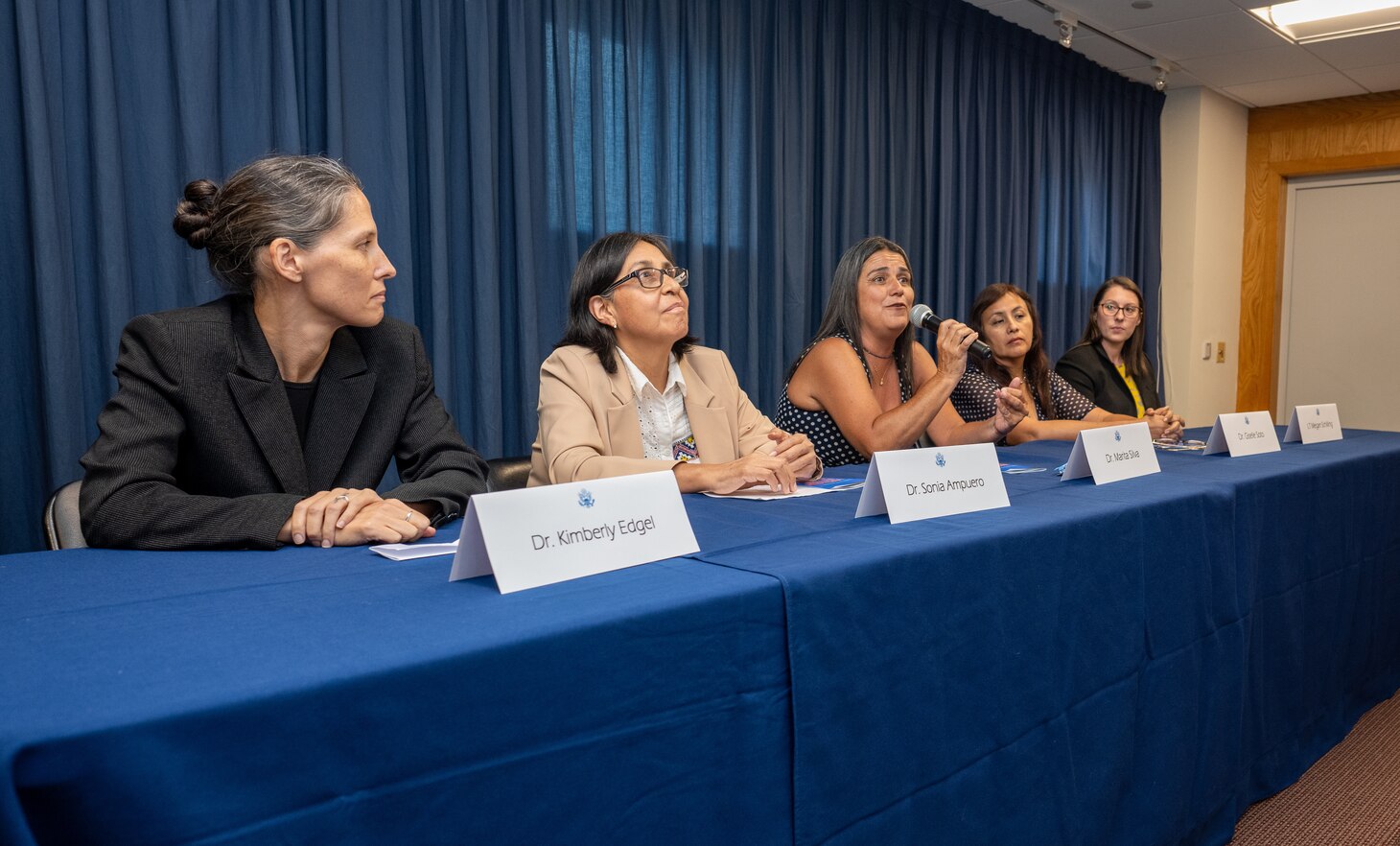 LIMA, Peru (March 20, 2024) Cmdr. Kimberly Edgel, Dr. Sonia Ampuero, Dr. Maria Silva, Dr. Giselle Soto and Lt. Megan Schilling, with Naval Medical Research Unit (NAMRU) SOUTH discuss their careers in STEM as part of a “Women in Sciences” panel during Women’s History Month. NAMRU SOUTH, part of the Navy Medicine Research & Development enterprise, conducts research on a wide range of infectious diseases of military and public health significance, and supports Global Health Engagement through surveillance of those diseases, including dengue fever, malaria, diarrheal diseases and sexually transmitted infections. (Courtesy Photo by Brenda Pomar/ Released)
