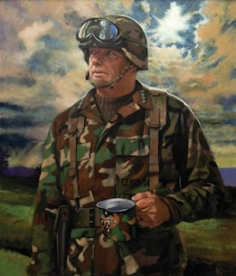 QUANTICO, VIRGINIA, 20 Mar 2024. This portrait of General Alfred M. Gray, Jr. by John Solie hangs in the Commanding General’s conference room at Marine Corps University.  It is the iconic basis of the “I’m looking for warriors to follow me” poster that so many Marines feel captures the essence of General Gray’s leadership and the intense focus on combat readiness and warfighting he brought to the Corps.  Among his many contributions, General Gray is truly the founding father of Marine Corps University, transforming a collection of schools into the heart of a modern PME system.  Today, in the wake of General Gray’s passing, MCU honors his legacy by remaining intensely committed to his vision for educating Marines to prevail in combat.