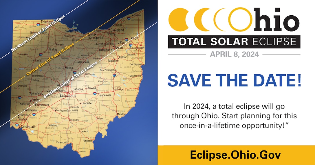 Map of Ohio depicting the path of totality during the April 8 solar eclipse