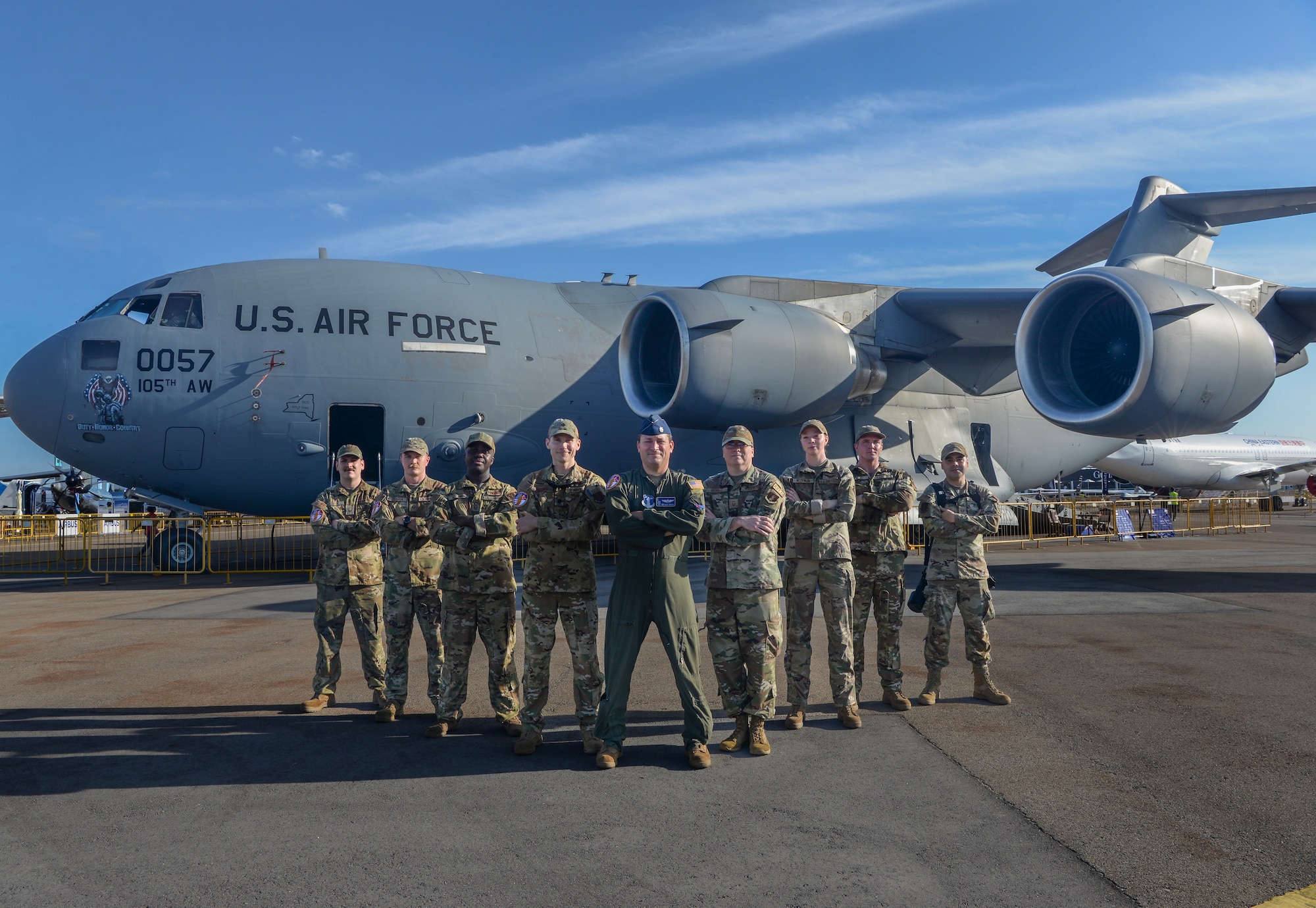 105th aircrew stands in front of C-17 at Singapore Airshow 2024