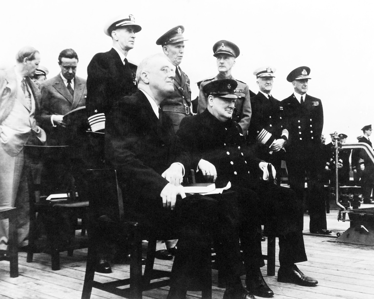 President Franklin Roosevelt and Prime Minister Winston Churchill aboard the Royal Navy battleship HMS Prince of Wales during the Atlantic Conference in August 1941. (Naval History and Heritage Command Photo)