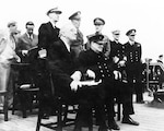 President Franklin Roosevelt and Prime Minister Winston Churchill aboard the Royal Navy battleship HMS Prince of Wales during the Atlantic Conference in August 1941. (Naval History and Heritage Command Photo)