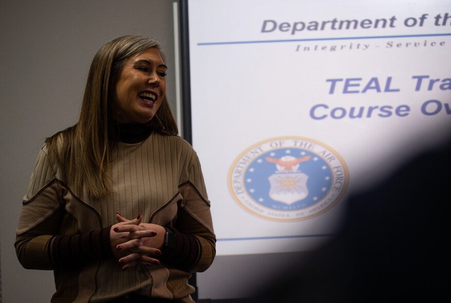 Reagan Gagne, 5th Bomb Wing sexual assault response coordinator (SARC), introduces herself to her students at the TEAL training course at Minot Air Force Base, North Dakota, March 26, 2024. SARC serves as the primary point of contact for victim advocacy, reporting, and response. SARC also implements and manages the base Sexual Assault Prevention and Response program. (U.S. Air Force photo by Airman 1st Class Alyssa Bankston)