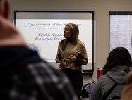 Reagan Gagne, 5th Bomb Wing sexual assault response coordinator (SARC), addresses students at the TEAL training course at Minot Air Force Base, North Dakota, March 26, 2024. SARC serves as the primary point of contact for victim advocacy, reporting, and response. The TEAL course trains volunteers to become TEAL representatives as an additional resource embedded within a unit to help provide SAPR related information and resources to any survivors in need. (U.S. Air Force photo by Airman 1st Class Alyssa Bankston)