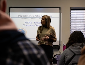 Information handouts from the Sexual Assault Prevention and Response (SAPR) office are displayed in the back of the TEAL training course at Minot Air Force Base, North Dakota, March 26, 2024. Through victim advocacy, education, awareness and prevention training, response, reporting, and accountability, the SAPR program upholds the Air Force's commitment to eliminate sexual assault incidents. (U.S. Air Force photo by Airman 1st Class Alyssa Bankston)