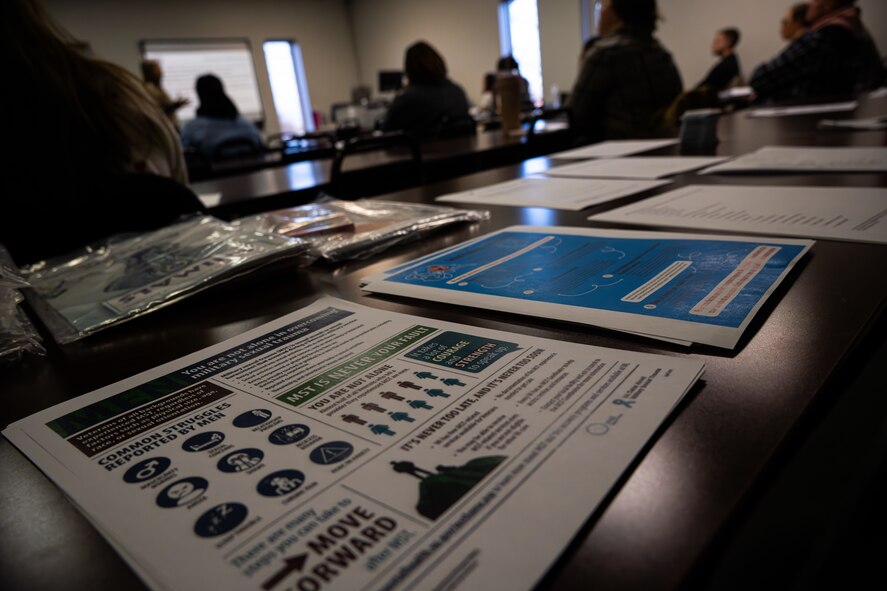 Information handouts from the Sexual Assault Prevention and Response (SAPR) office are displayed in the back of the TEAL training course at Minot Air Force Base, North Dakota, March 26, 2024. Through victim advocacy, education, awareness and prevention training, response, reporting, and accountability, the SAPR program upholds the Air Force's commitment to eliminate sexual assault incidents. (U.S. Air Force photo by Airman 1st Class Alyssa Bankston)