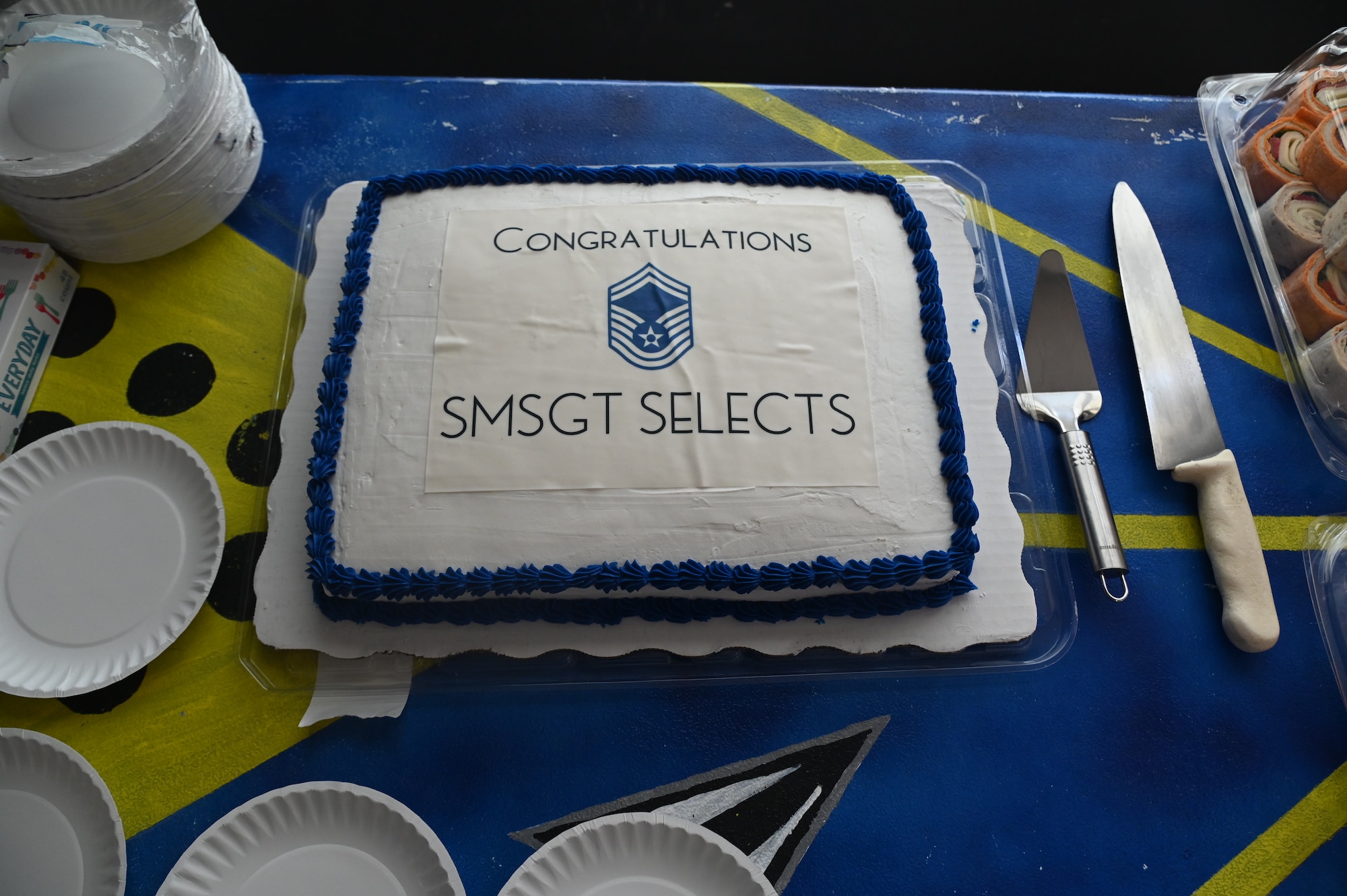 A cake decorated in honor of the senior master sergeant selectees to celebrate their promotion, Goodfellow Air Force Base, Texas, March 25, 2024. The 17th Training Wing celebrated those who were selected for the rank of senior master sergeant in the 2024 E-8 selection cycle. (U.S. Air Force photo by Airman James Salellas)