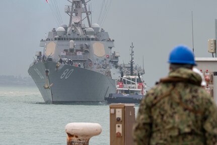 NAVAL STATION ROTA, Spain – The Arleigh Burke-class guided-missile destroyer USS Roosevelt (DDG 80) returns from sea trials, the final phase of its planned Selected Restricted Availability (SRA), a depot-level maintenance period, in Rota, Spain, March 25, 2024. (U.S. Navy photo Mass Communication Specialist 2nd Class Drace Wilson)