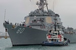 NAVAL STATION ROTA, Spain – The Arleigh Burke-class guided-missile destroyer USS Roosevelt (DDG 80) returns from sea trials, the final phase of its planned Selected Restricted Availability (SRA), a depot-level maintenance period, in Rota, Spain, March 25, 2024. (U.S. Navy photo Mass Communication Specialist 2nd Class Drace Wilson)