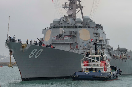 NAVAL STATION ROTA, Spain – The Arleigh Burke-class guided-missile destroyer USS Roosevelt (DDG 80) returns from sea trials, the final phase of its planned Selected Restricted Availability (SRA), a depot-level maintenance period, in Rota, Spain, March 25, 2024. (U.S. Navy photo Mass Communication Specialist 2nd Class Drace Wilson)