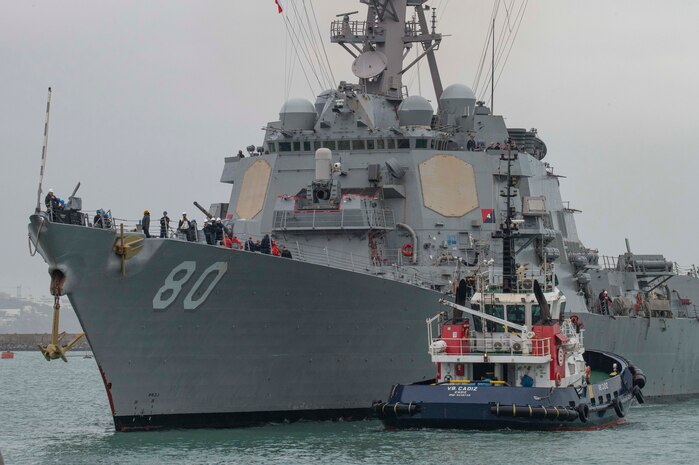 NAVAL STATION ROTA, Spain – The Arleigh Burke-class guided-missile destroyer USS Roosevelt (DDG 80) returns from sea trials, the final phase of its planned Selected Restricted Availability (SRA), a depot-level maintenance period, in Rota, Spain, March 25, 2024. (U.S. Navy photo Mass Communication Specialist 2nd Class Drace Wilson)