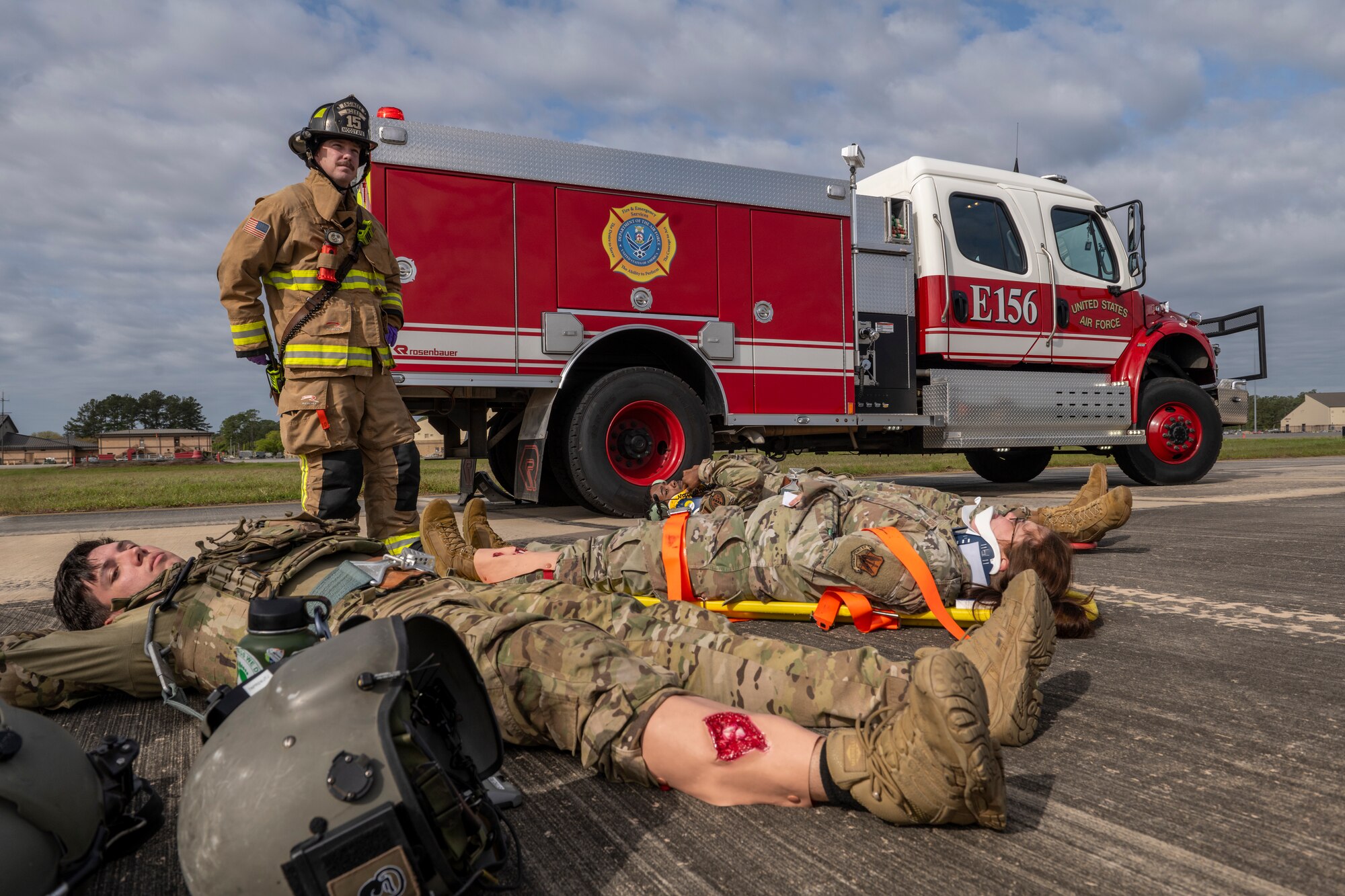 U.S. Air Force Airmen assigned to the 23rd Wing participate in an aircraft accident response exercise at Moody Air Force Base, Georgia, March 26, 2024. Aircraft accident exercises are an annual requirement and provide agencies the opportunity to refresh their tactics and procedures for real-world scenarios. (U.S. Air Force photo by Senior Airman Deanna Muir)