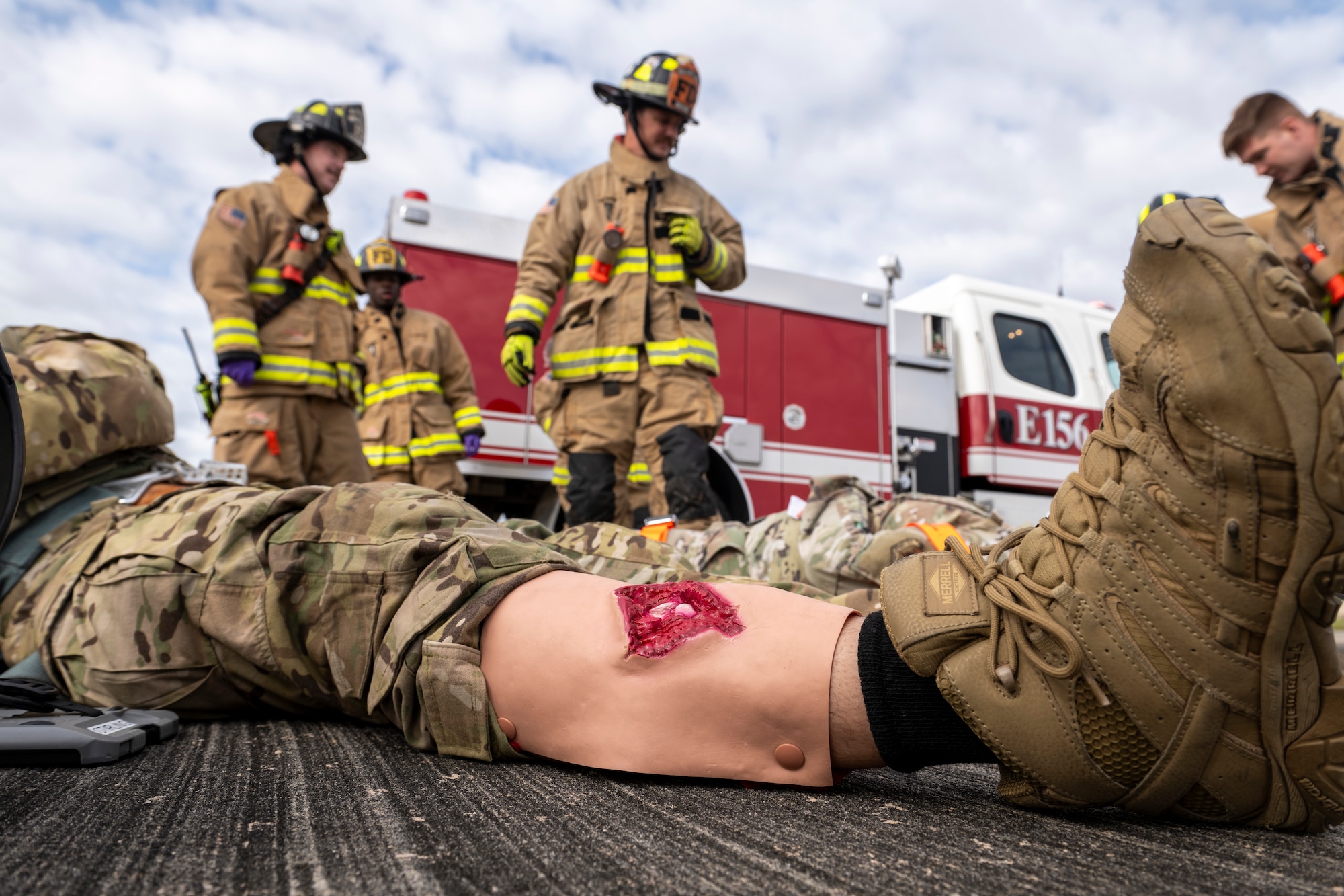 U.S. Air Force Airmen assigned to the 23rd Wing conduct an aircraft accident response exercise at Moody Air Force Base, Georgia, March 26, 2024. Firefighters triaged and monitored the simulated patients while waiting for the medical team to evaluate and transport patients. (U.S. Air Force photo by Senior Airman Deanna Muir)