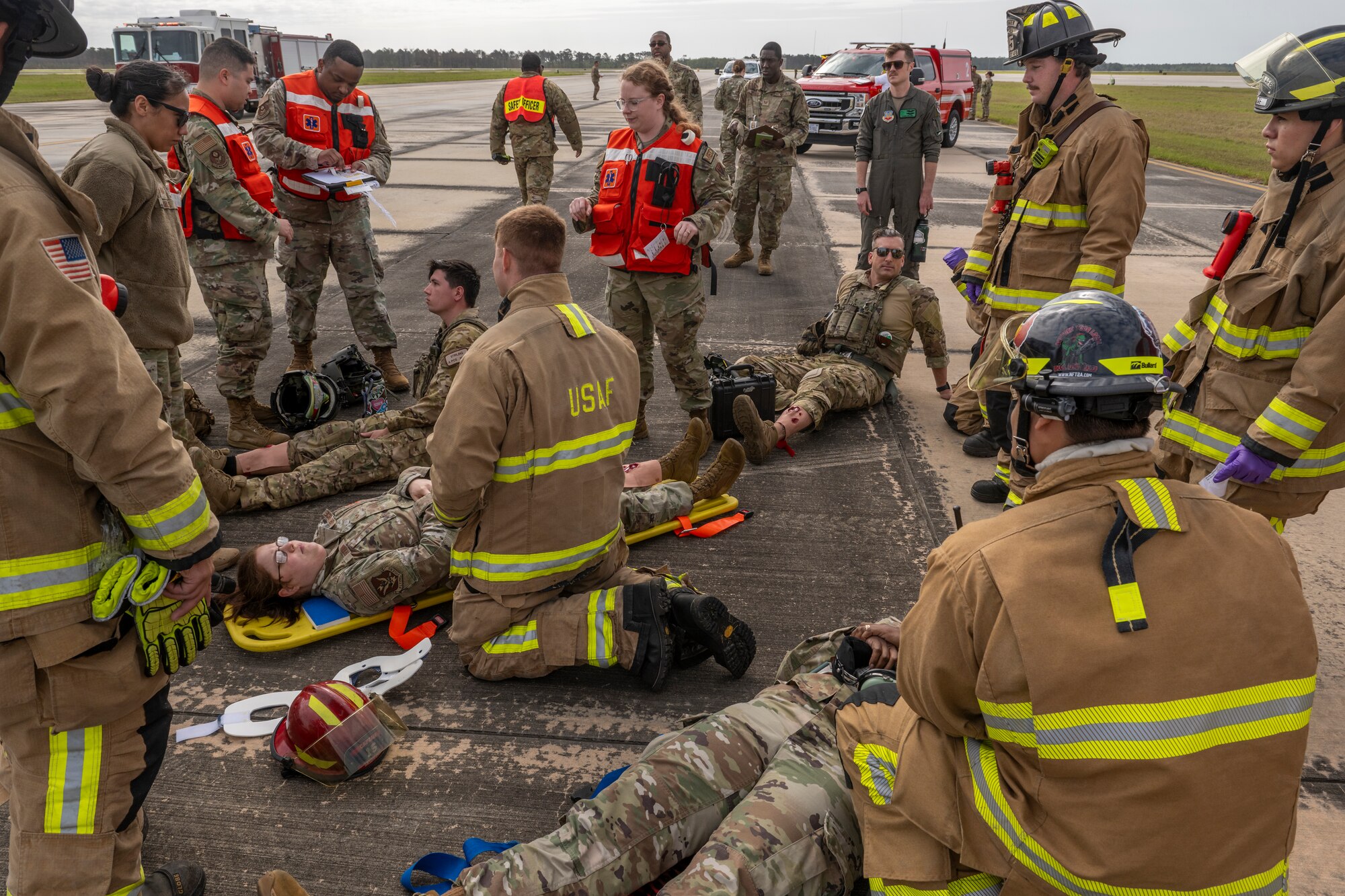 U.S. Air Force Airmen assigned to the 23rd Wing participate in an aircraft accident response exercise at Moody Air Force Base, Georgia, March 26, 2024. Subject matter experts from various career fields provided desired learning objectives to the 23rd Wing Inspector General office. The IG then built the exercise around these objectives to test each agency's ability to integrate. (U.S. Air Force photo by Senior Airman Deanna Muir)
