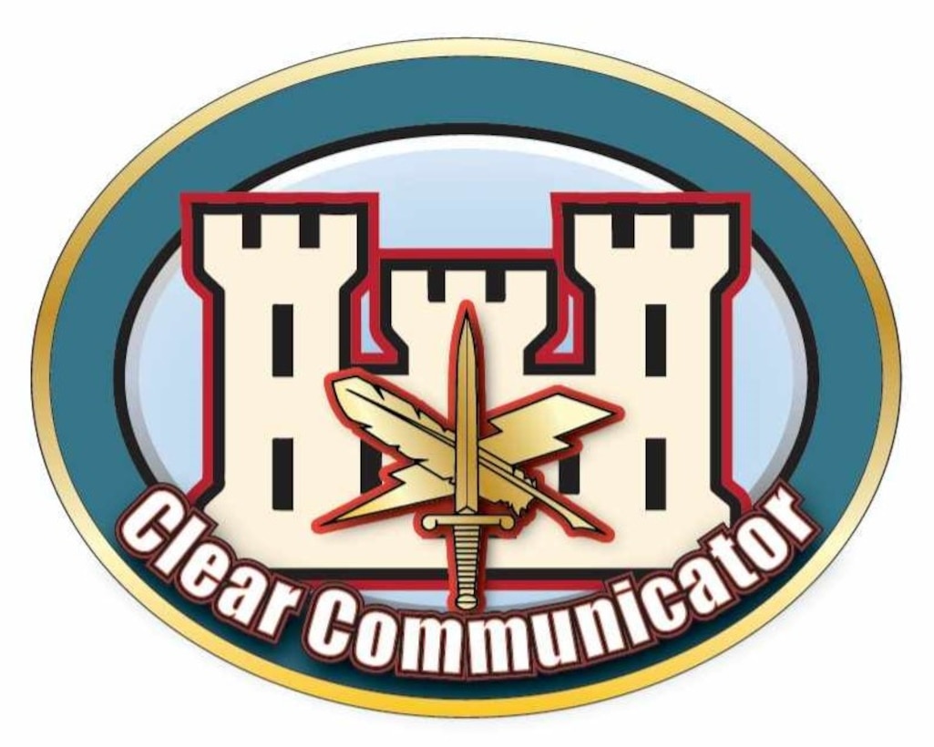 An horizontal oval "Clear Communicator" badge featuring a U.S. Army Corps of Engineers Castle and Public Affairs emblem.