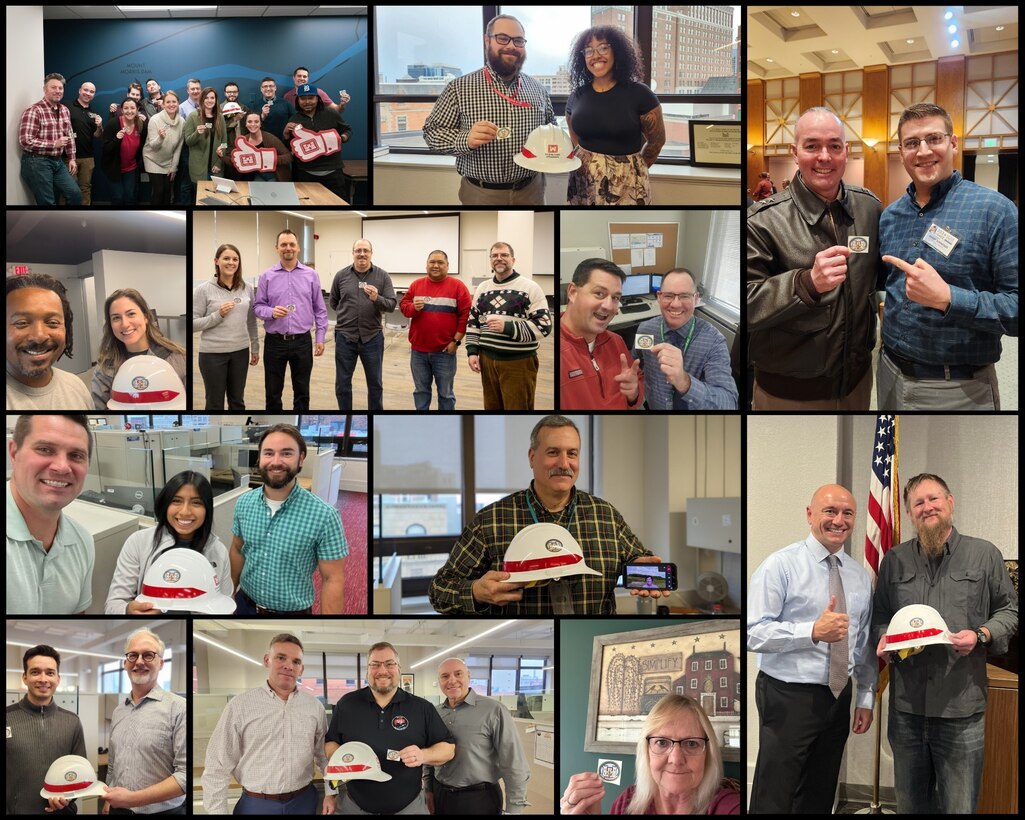 A collage of photos of people receiving a "Clear Communicator Badge" sticker and holding white and red U.S. Army Corps of Engineers hardhats.