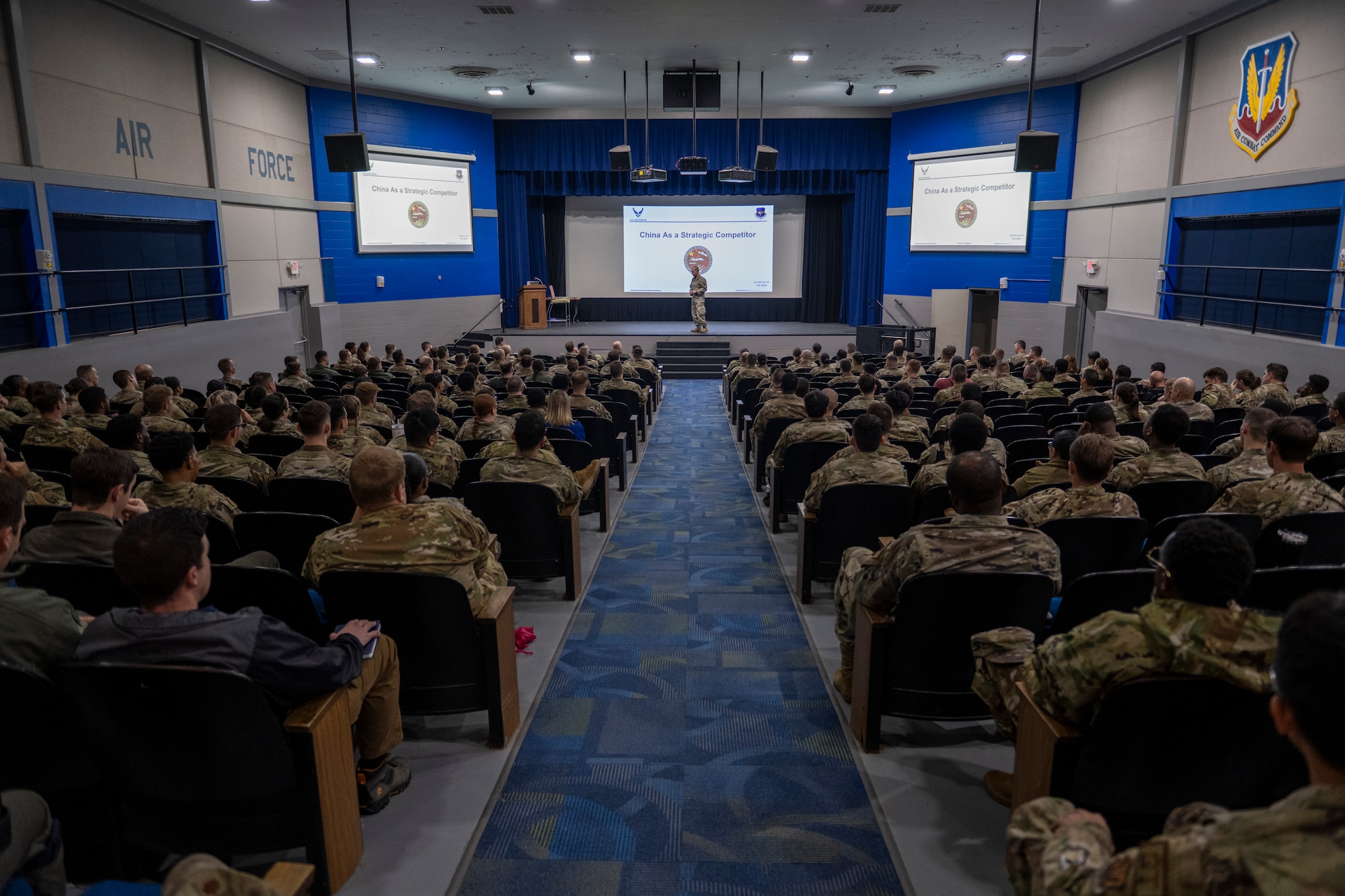 U.S. Air Force Maj. Nicholas McCrabb, 23rd Wing director of intelligence, provides opening remarks at a China Aerospace Studies Institute brief at Moody Air Force Base, Georgia, March 22, 2024. The core objective of CASI is to deepen comprehension regarding the strategy, doctrine, operational principles, capacities, personnel, training protocols, and organizational structure of China's aerospace forces, along with the civil and commercial infrastructure that supports them. (U.S. Air Force photo by Senior Airman Deanna Muir)