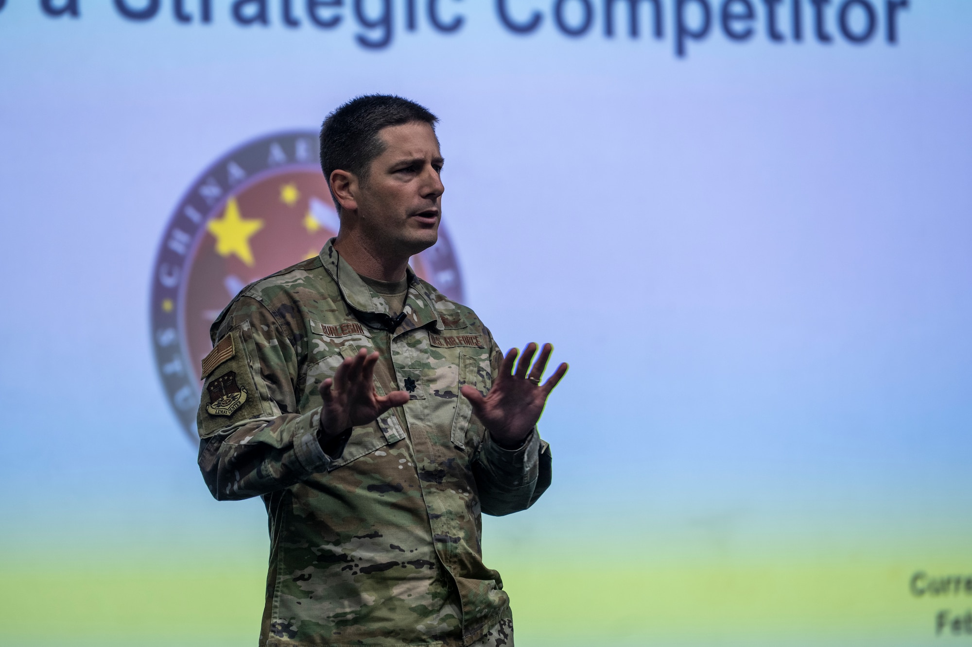 U.S. Air Force Lt. Col. Dustin Burleson, China Aerospace Studies Institute deputy director, briefs Airmen at Moody Air Force Base, Georgia, March 22, 2024. CASI supports the U.S. Department of Defense and the China research community by providing high-quality, unclassified research on Chinese aerospace developments in the context of U.S. strategic imperatives in the Asia-Pacific region. (U.S. Air Force photo by Senior Airman Deanna Muir)